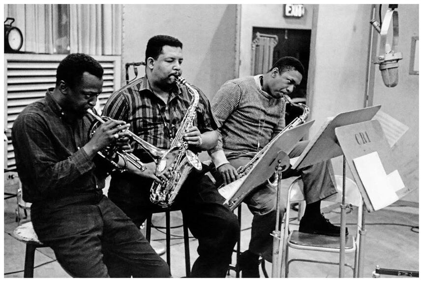 Miles Davis, Cannonball Adderley, and John Coltrane in 1958.